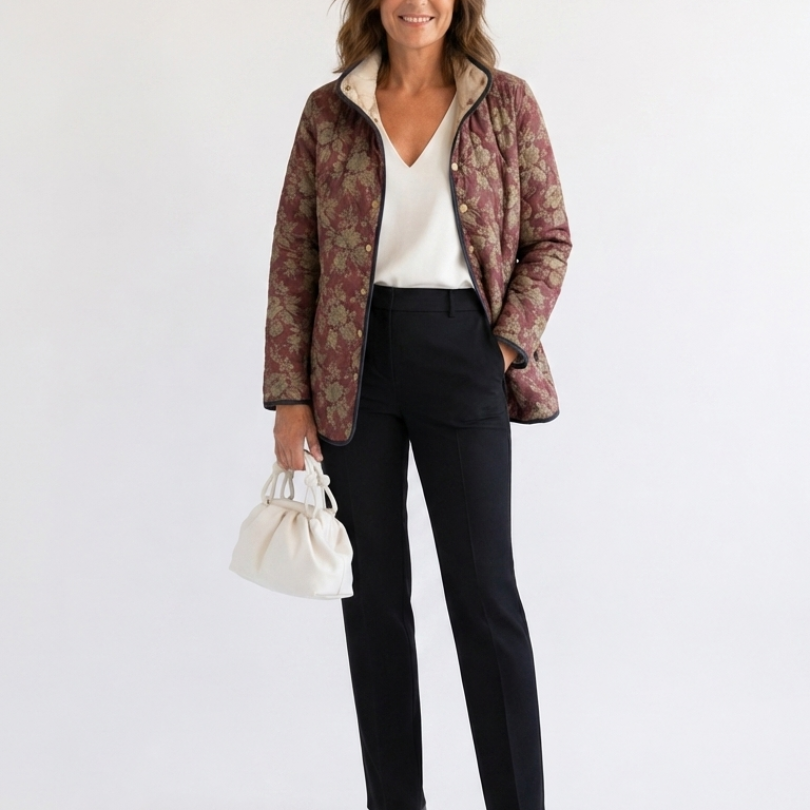 Veste matelassée imprimé floral rétro bordeaux, col et fermeture à boutons, poches