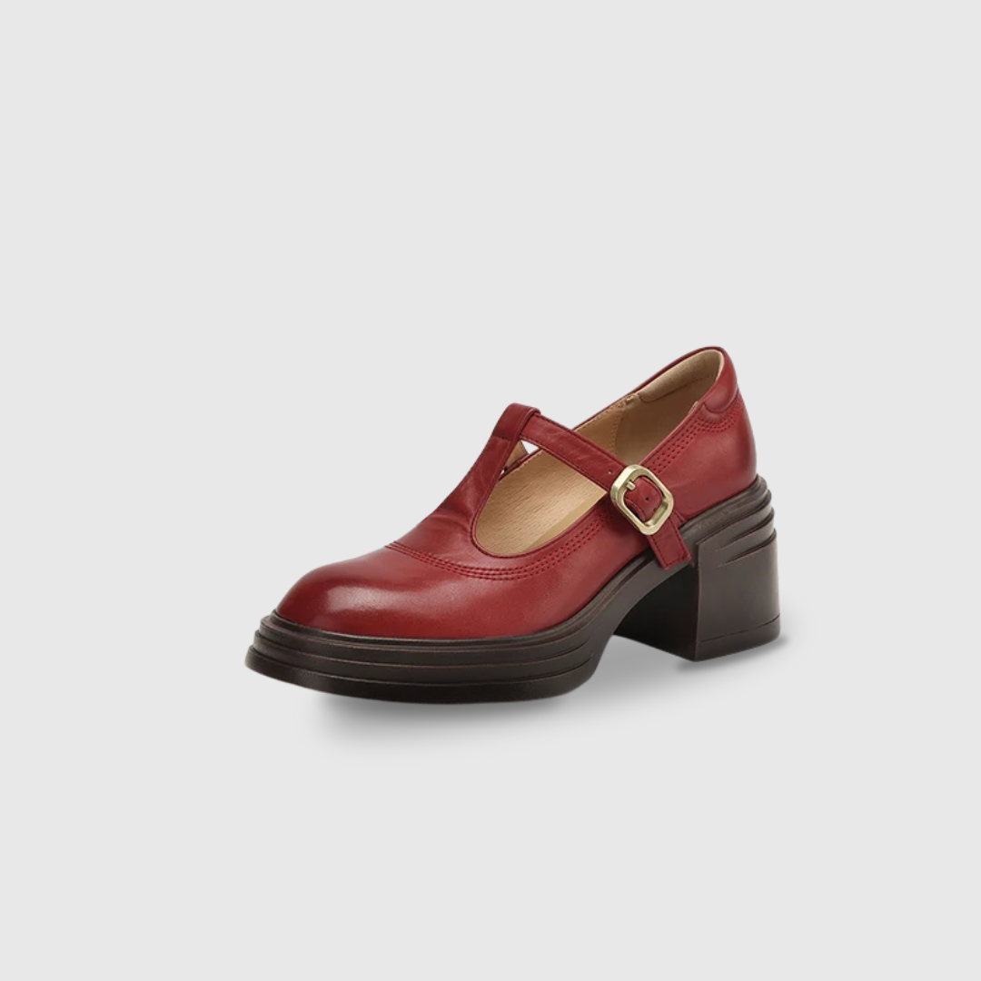 Chaussure Mary Jane à talon bloc rouge bordeaux, bride à boucle métal dorée