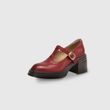 Chaussure Mary Jane à talon bloc rouge bordeaux, bride à boucle métal dorée