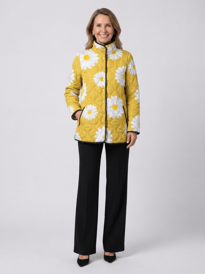 Veste matelassée jaune zippée, motif marguerites blanches et fleurs jaunes.