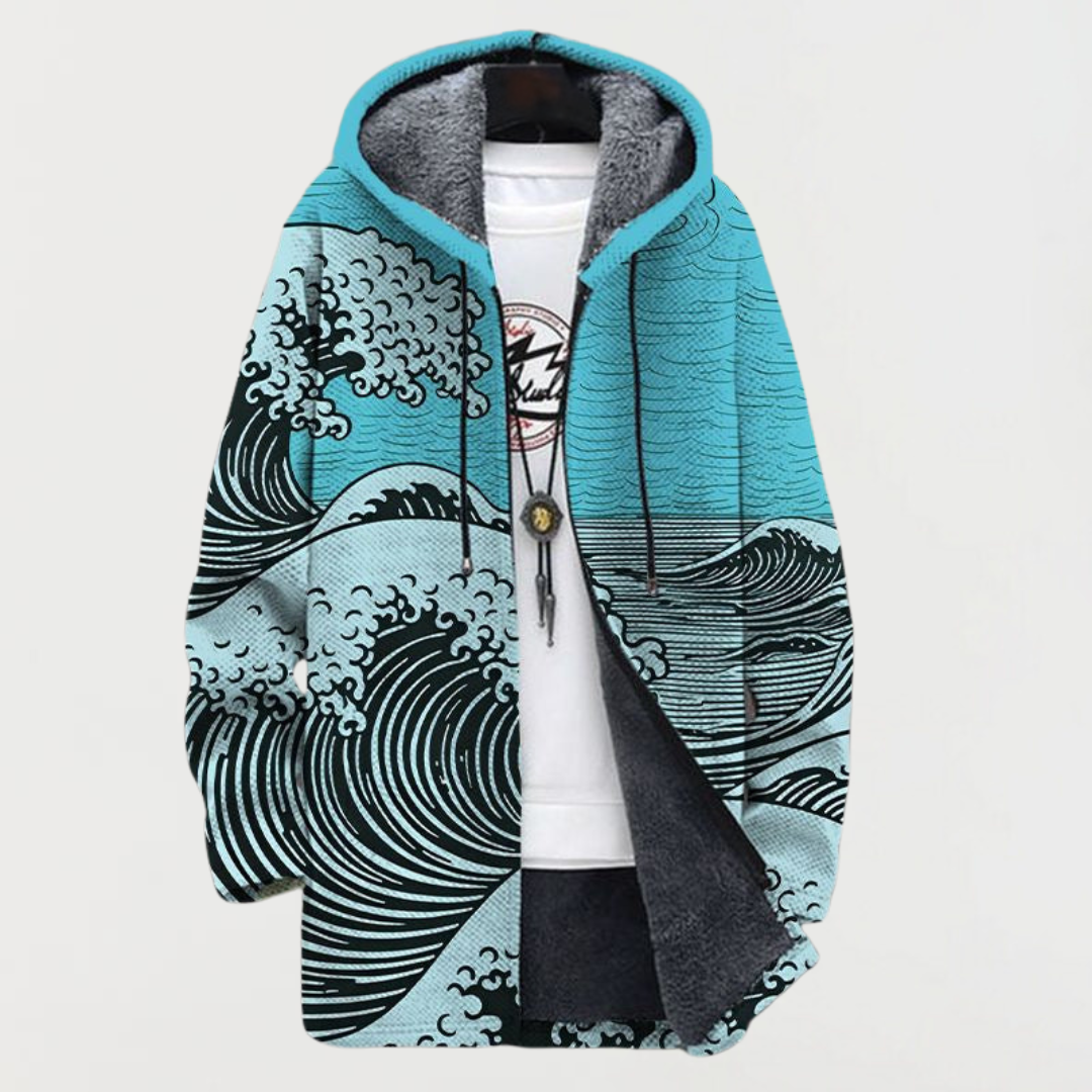 Manteau à motif ondulé bleu clair, capuche turquoise, détail fermeture à boutons.