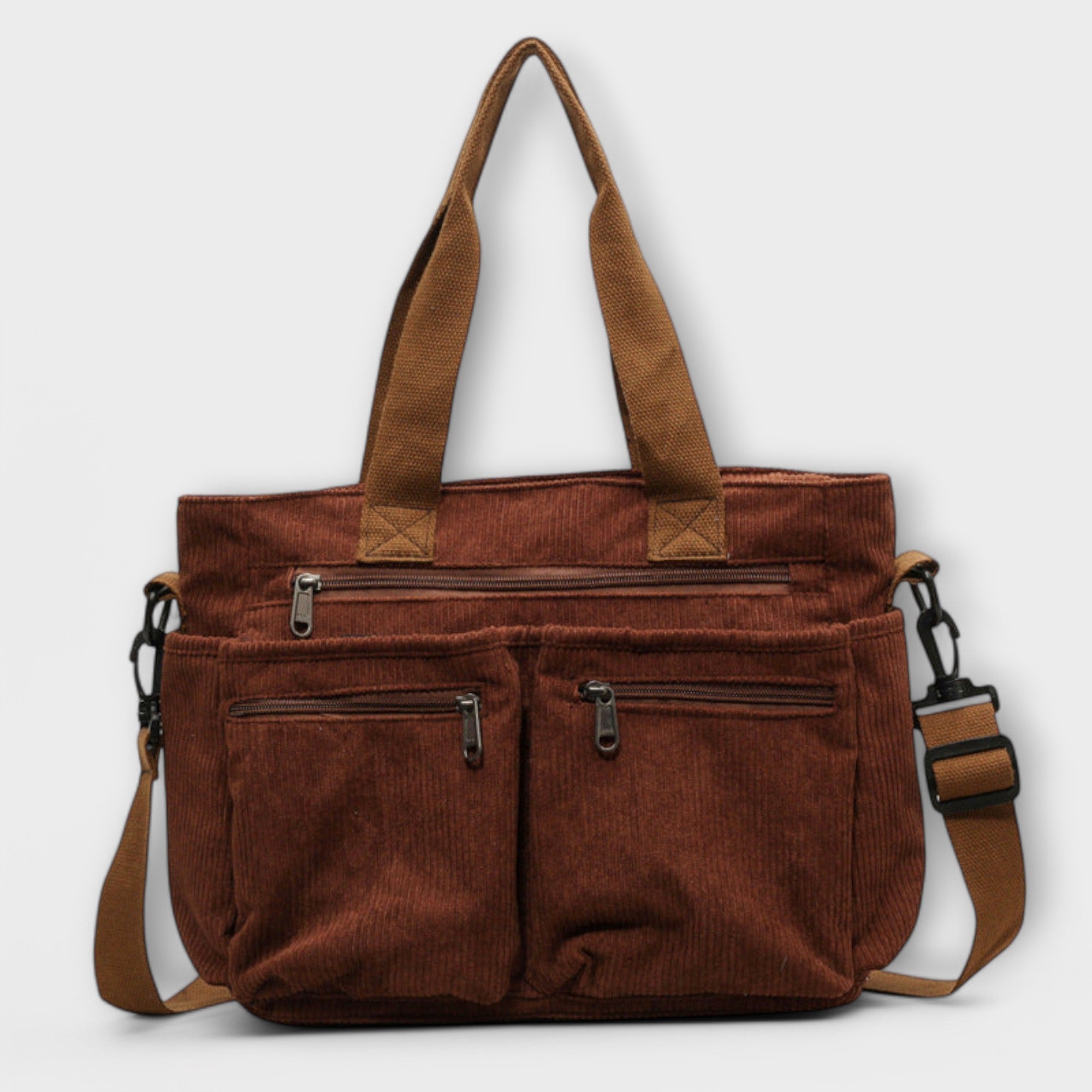 Sac cabas Aveline marron en toile, anses et bandoulière, poches zippées.