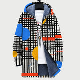 Veste à capuche en tissu noir et blanc à motifs mosaïque, doublure bleue, fermeture à cordon