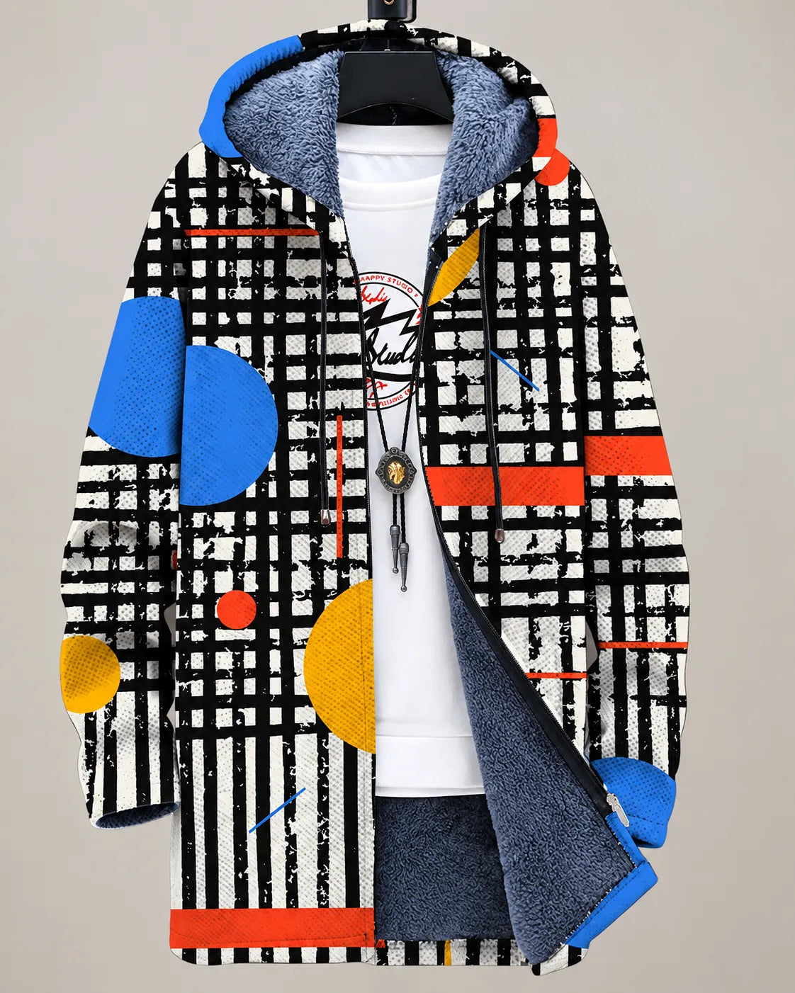 Veste à capuche en tissu mosaïque noir et blanc, doublure gris foncé