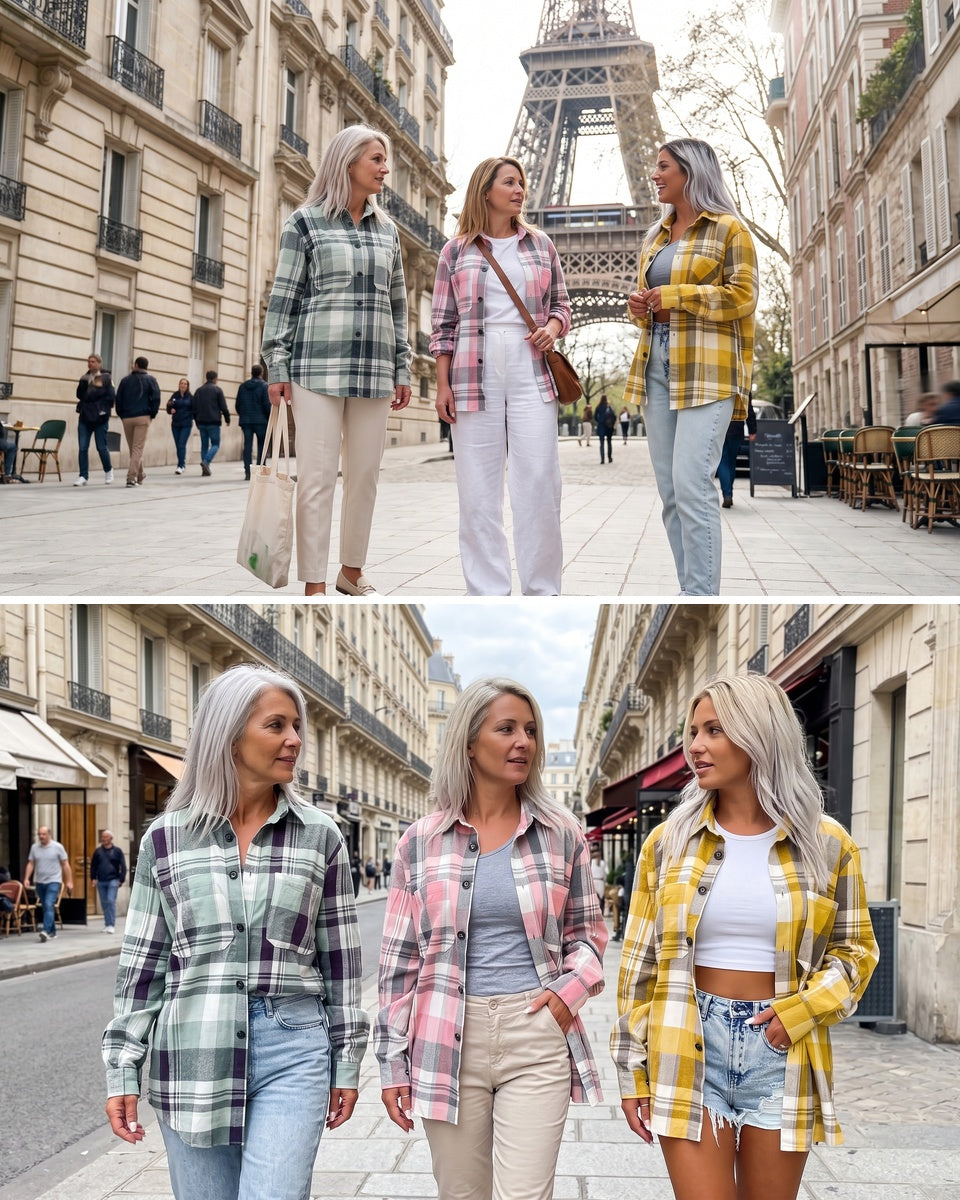 Chemises à manches longues à carreaux, vert clair, rose et jaune, col boutonné