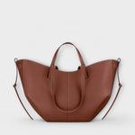 Grand sac cabas en cuir effet lisse marron, anses et surpiqûre centrale.