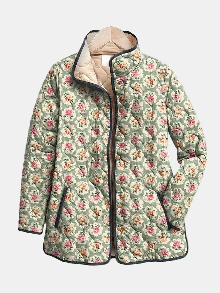 Veste matelassée à imprimé floral vintage, fermeture zippée, capuche doublée beige