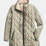 Veste matelassée à imprimé floral vintage, fermeture zippée, capuche doublée beige