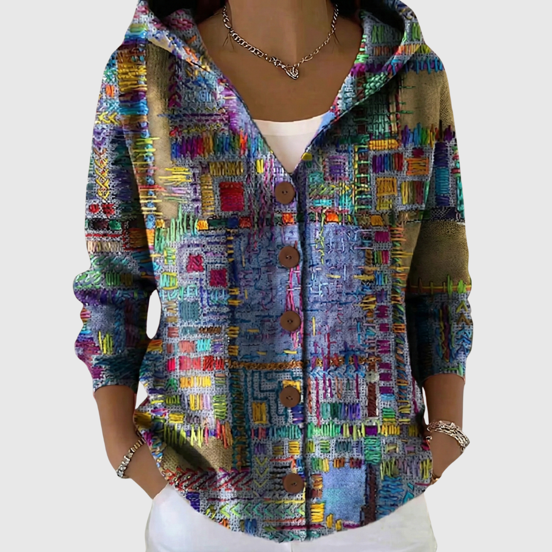 Cardigan en tricot à capuche multicolore, manches longues, boutons sur le devant