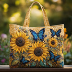 Sac cabas en tissu beige, tournesols et papillons bleus brodés, poignées