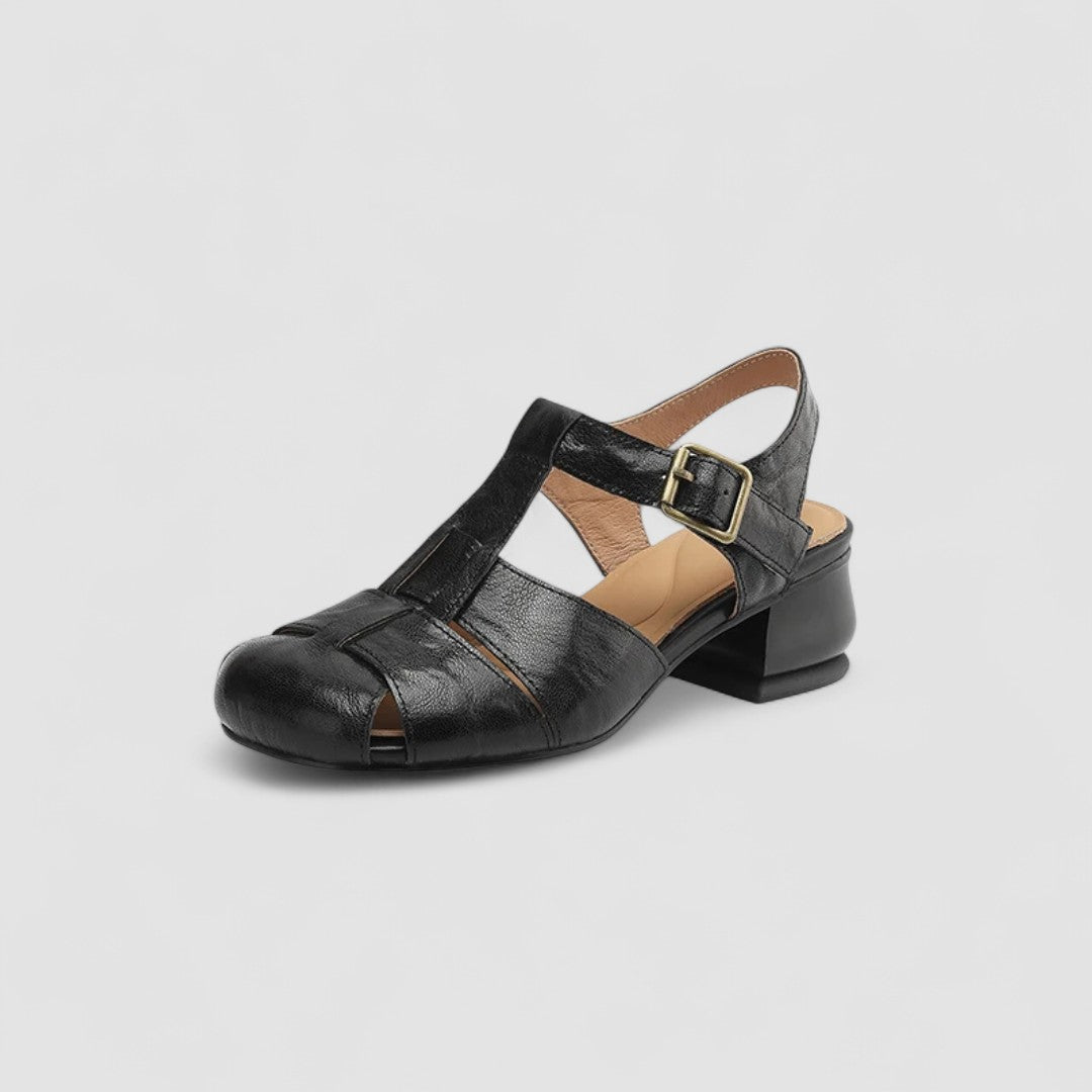 Sandales bébé noires à talon bas, bout ouvert, lanières croisées et boucle