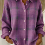 Cardigan ample lila à carreaux, boutonné devant, manches longues côtelées, col chemise