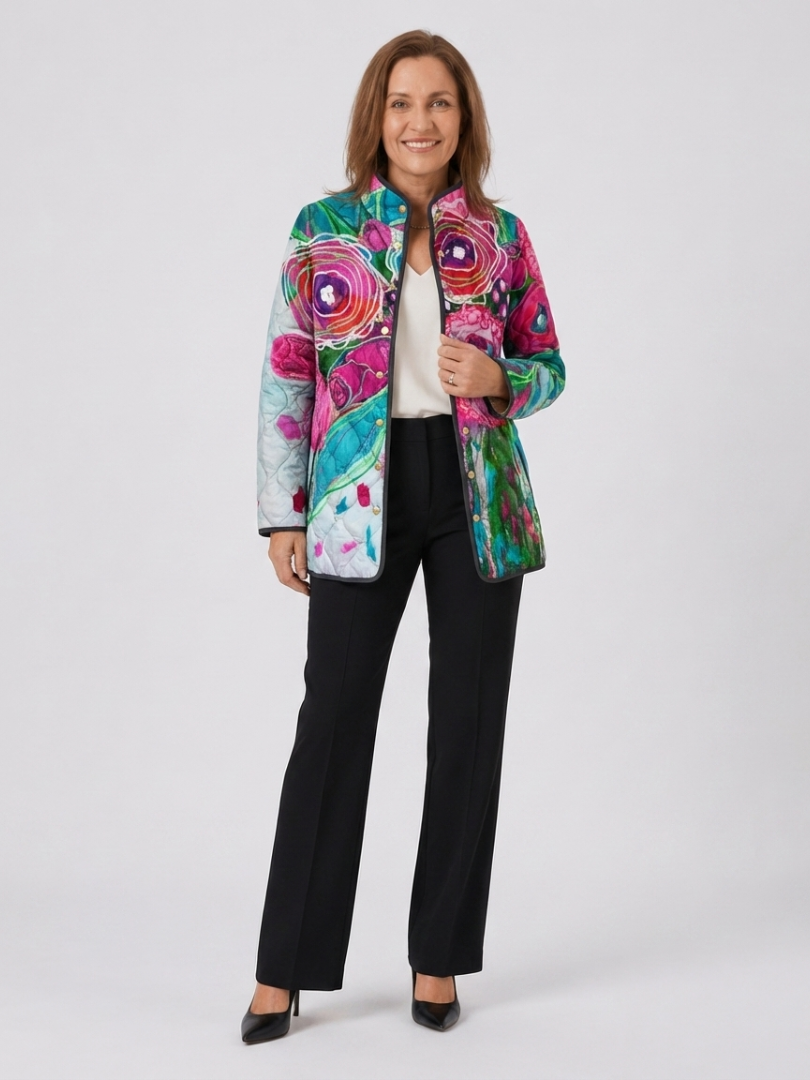Veste matelassée multicolore à motif floral, fermeture zippée, poches