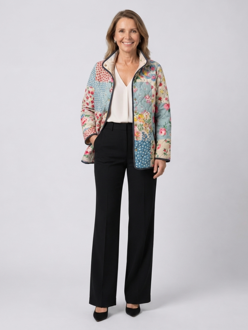 Veste matelassée florale multicolore, col ouvert, fermeture boutonnée, manches 3/4