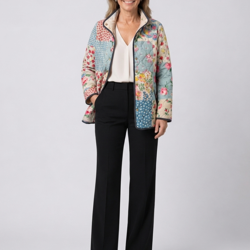 Veste matelassée florale multicolore, col ouvert, fermeture boutonnée, manches 3/4