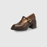 Chaussure Mary Jane à talon bloc marron, bride à boucle et bout rond
