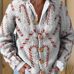 Cardigan festif blanc à motif canne de sucre rouge, col en V, boutons, manches longues.