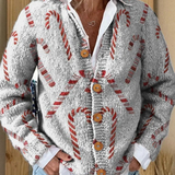 Cardigan festif blanc à motif canne de sucre rouge, col en V, boutons, manches longues.