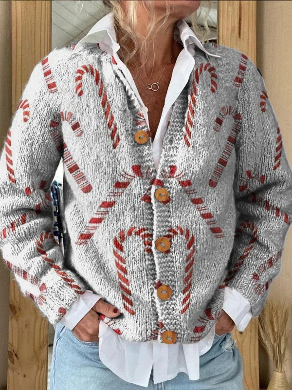 Cardigan festif blanc à motif canne de sucre rouge, col en V, boutons, manches longues.