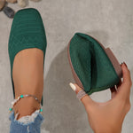 Ballerines tissées vert foncé, bout en maille, semelle marron, style enfiler