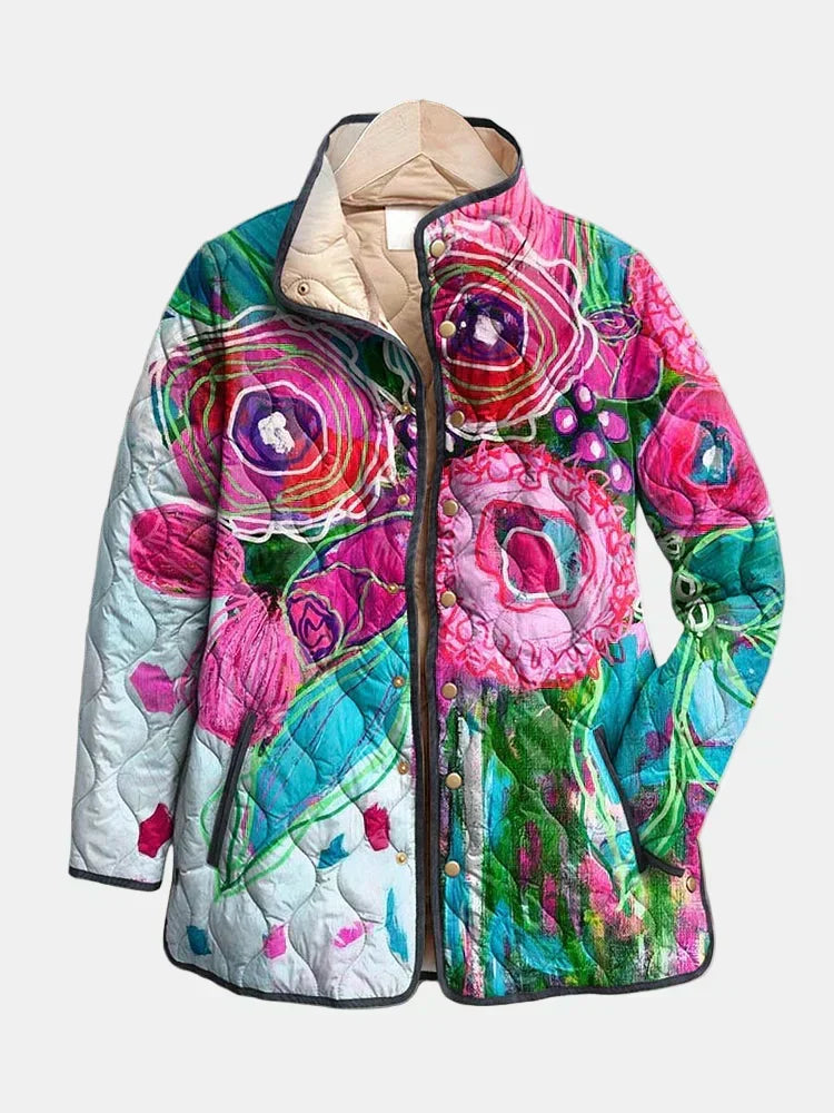 Veste matelassée multicolore à motif floral, capuche, boutons pression