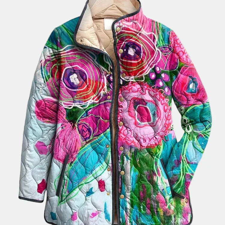 Veste matelassée multicolore à motif floral, capuche, boutons pression