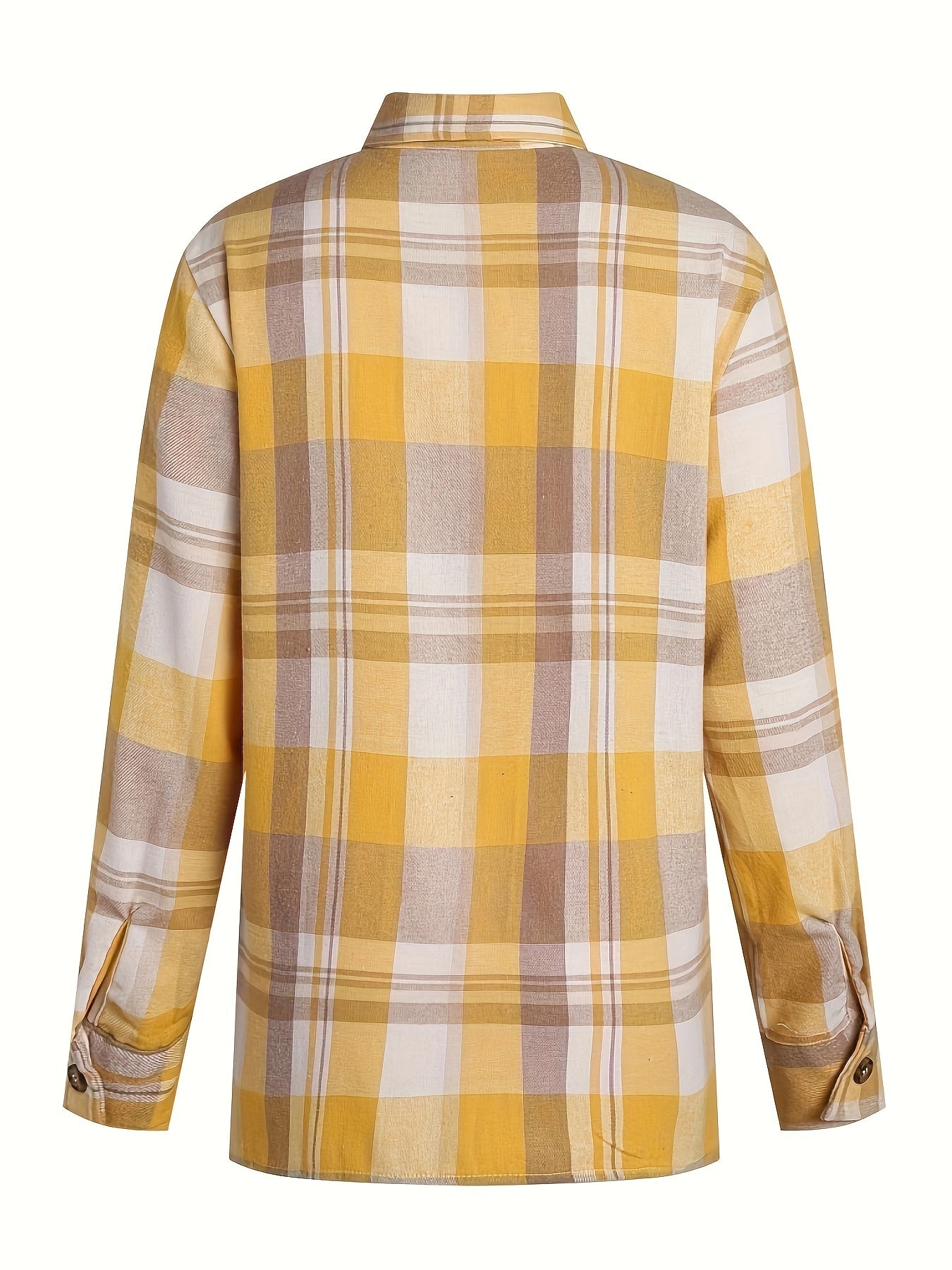 Chemise à carreaux jaunes vue de dos, manches longues, col boutonné, tissu texturé.