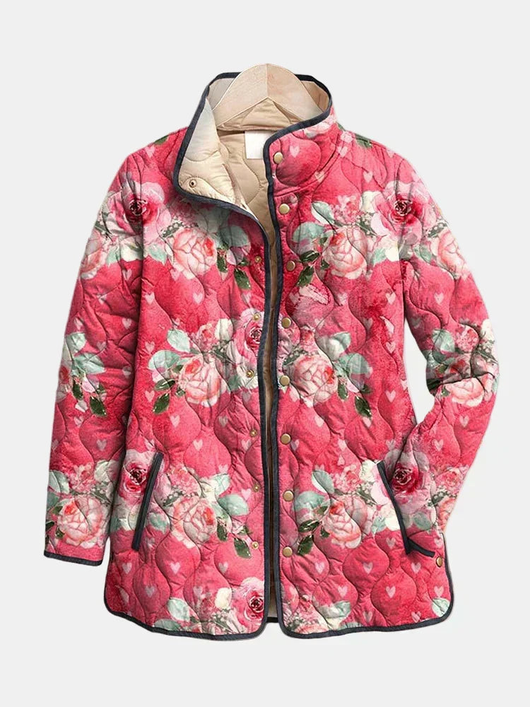 Veste matelassée à imprimé floral rose, col montant, fermeture à boutons-pression