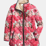 Veste matelassée à imprimé floral rose, col montant, fermeture à boutons-pression