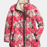 Veste matelassée à imprimé floral rose, col montant, fermeture à boutons-pression
