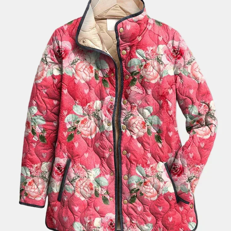Veste matelassée à imprimé floral rose, col montant, fermeture à boutons-pression
