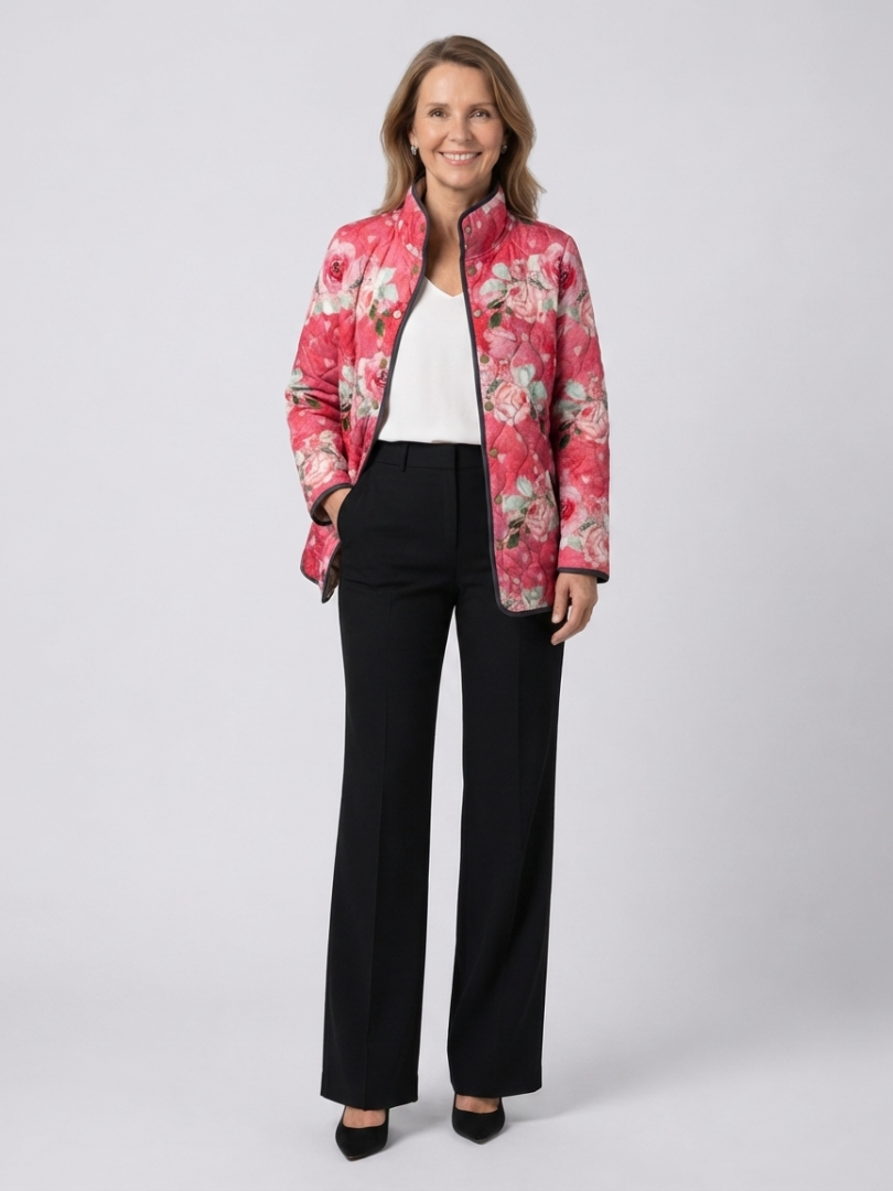 Veste matelassée rose à imprimé floral, fermeture zippée et poches