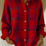Cardigan rouge à carreaux gris et boutons blancs, col chemise, manches longues