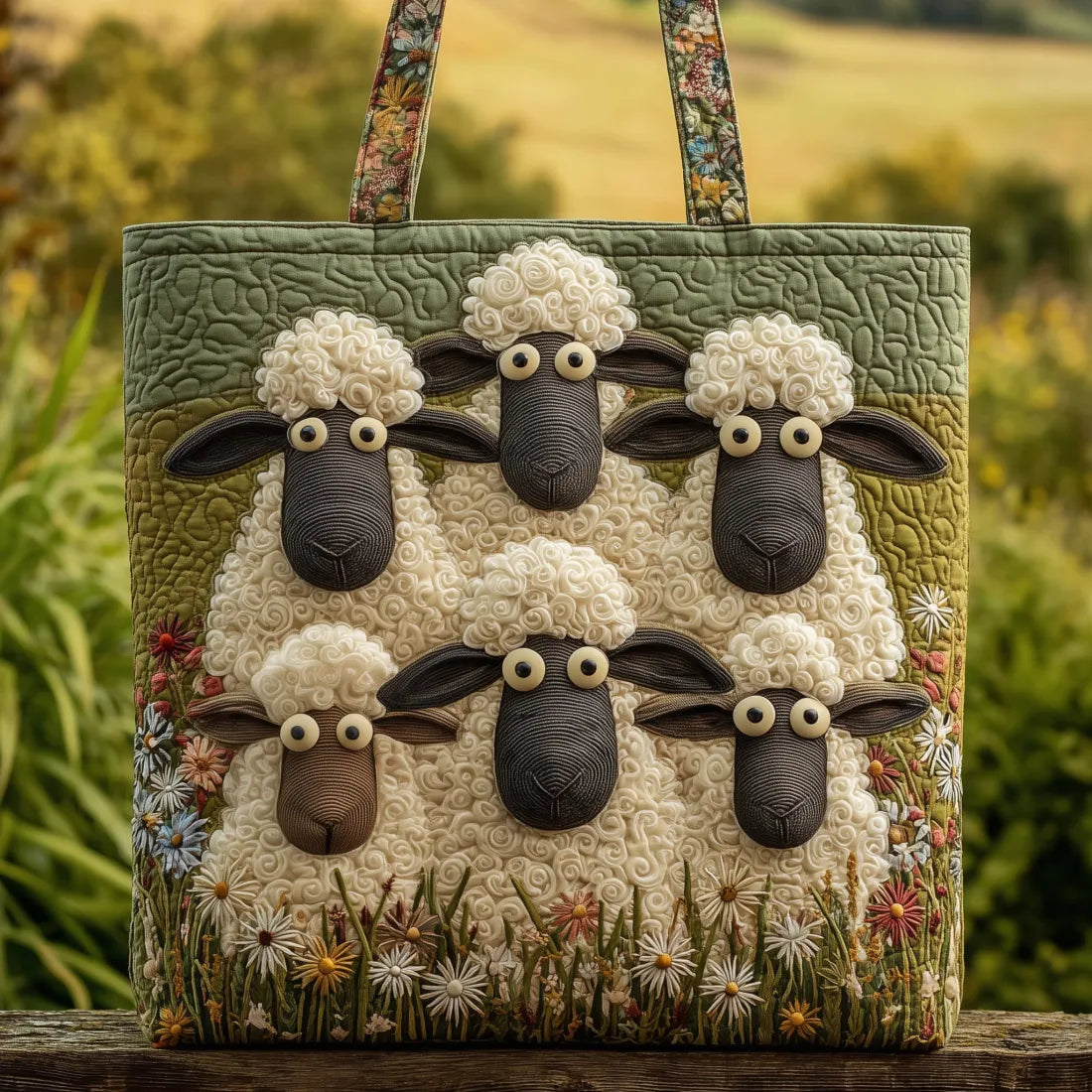 Sac artisanal Cinq Moutons vert, motif moutons en relief, anses à fleurs, grand cabas.