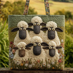 Sac artisanal Cinq Moutons vert, motif moutons en relief, anses à fleurs, grand cabas.