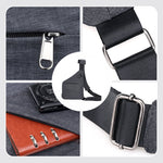 Détails d’un sac à bandoulière anti-vol : zip, sangle texturée et attache métallique.