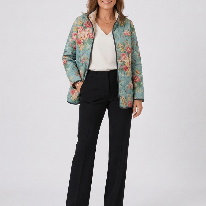 Veste matelassée à imprimé floral multicolore, bleu clair, fermeture boutonnée.