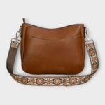Sac bandoulière vegan marron, face avant avec rabat et bandoulière à motif éthnique.