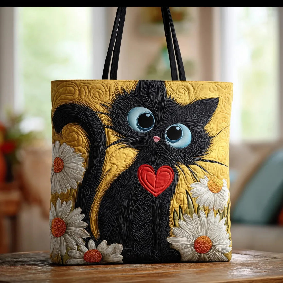 Sac cabas artisanal jaune avec chat noir et grandes marguerites, yeux bleus.