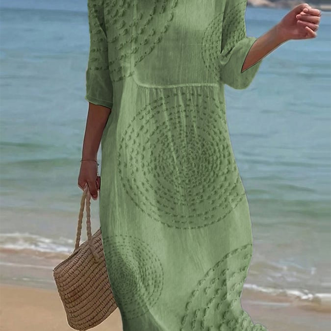 Robe décontractée vert olive à broderies, col rond, manches trois-quarts, ourlet évasé