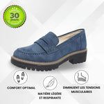 Mocassins bleus à semelle crantée, bride et surpiqûres
