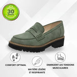 Mocassins verts à semelle crantée, empeigne suédine et bride