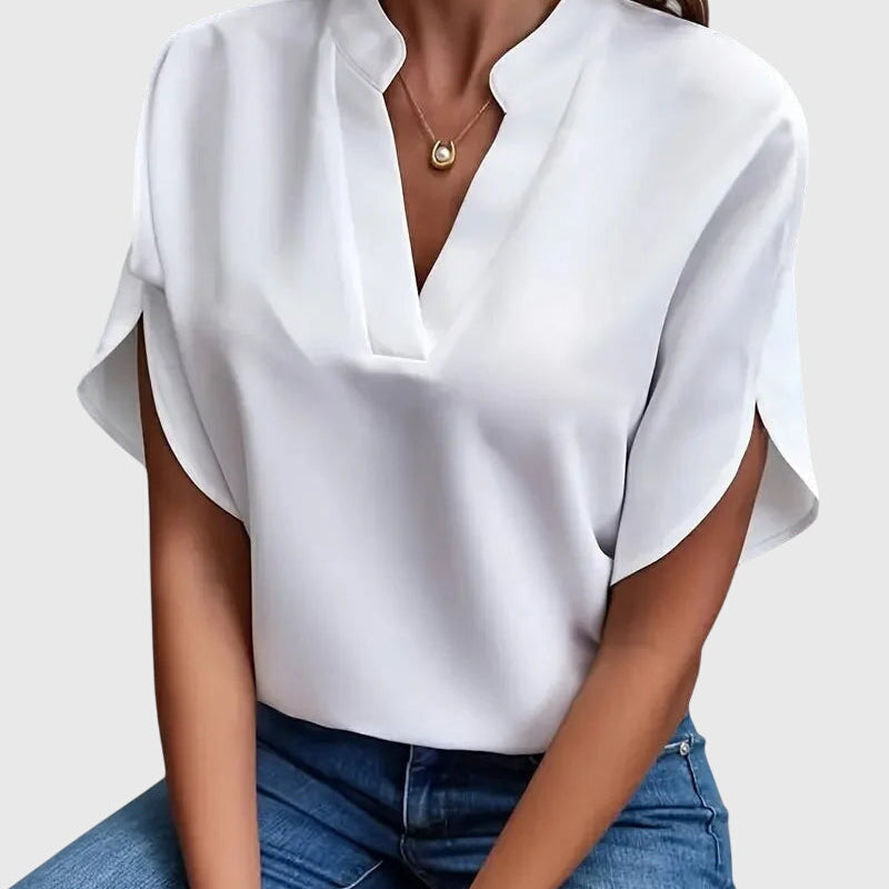 Chemise fluide à col V, épaules tombantes, blanc
