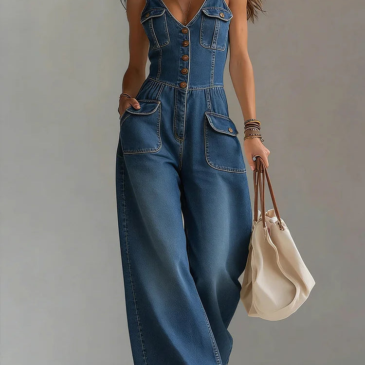 Combinaison en denim bleu ample, bretelles, col V, boutons devant, poches sur la poitrine