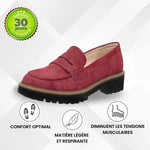 Mocassins bordeaux à semelle crantée, bout arrondi et bride réglable