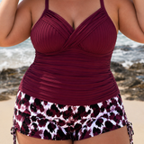 INÈS | PLUS SIZE RIBBED TANKINI WITH PRINT SHORTS