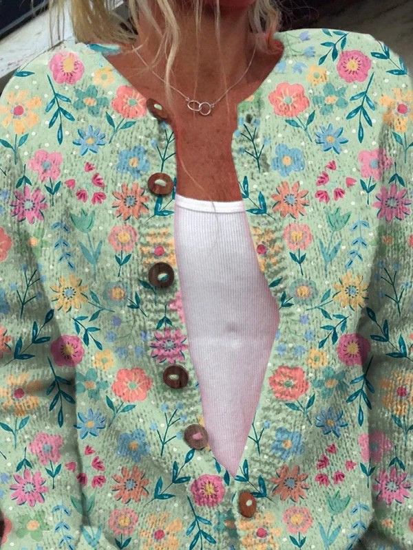 Cardigan tricot multicolore à fleurs, col V et boutons en bois, manches longues.