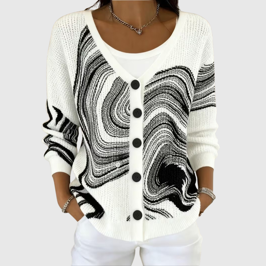 Cardigan Gaëlle en tricot blanc cassé à motifs noir, col rond, boutonné