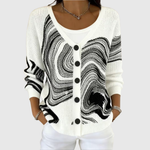 Cardigan Gaëlle en tricot blanc cassé à motifs noir, col rond, boutonné