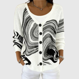 Cardigan Gaëlle en tricot blanc cassé à motifs noir, col rond, boutonné
